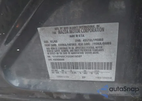 2003 Mazda Mazda6 I from USA, damaged, VIN 1YVFP80C935M18587